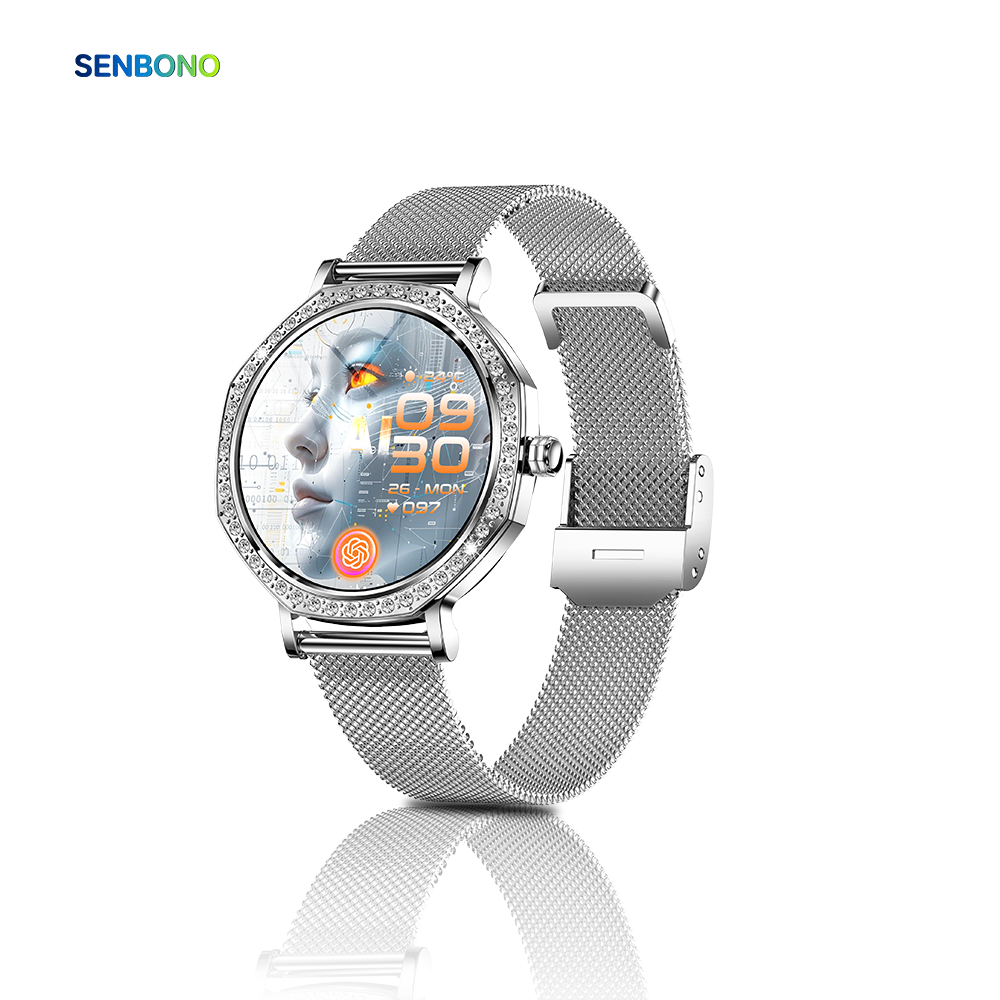 SENBONO KC98 smart women's watch with AI voice assistant, AI dial, GPT, Bluetooth call function, calculator function, games, sleep analysis, and 100+ sports modes.
