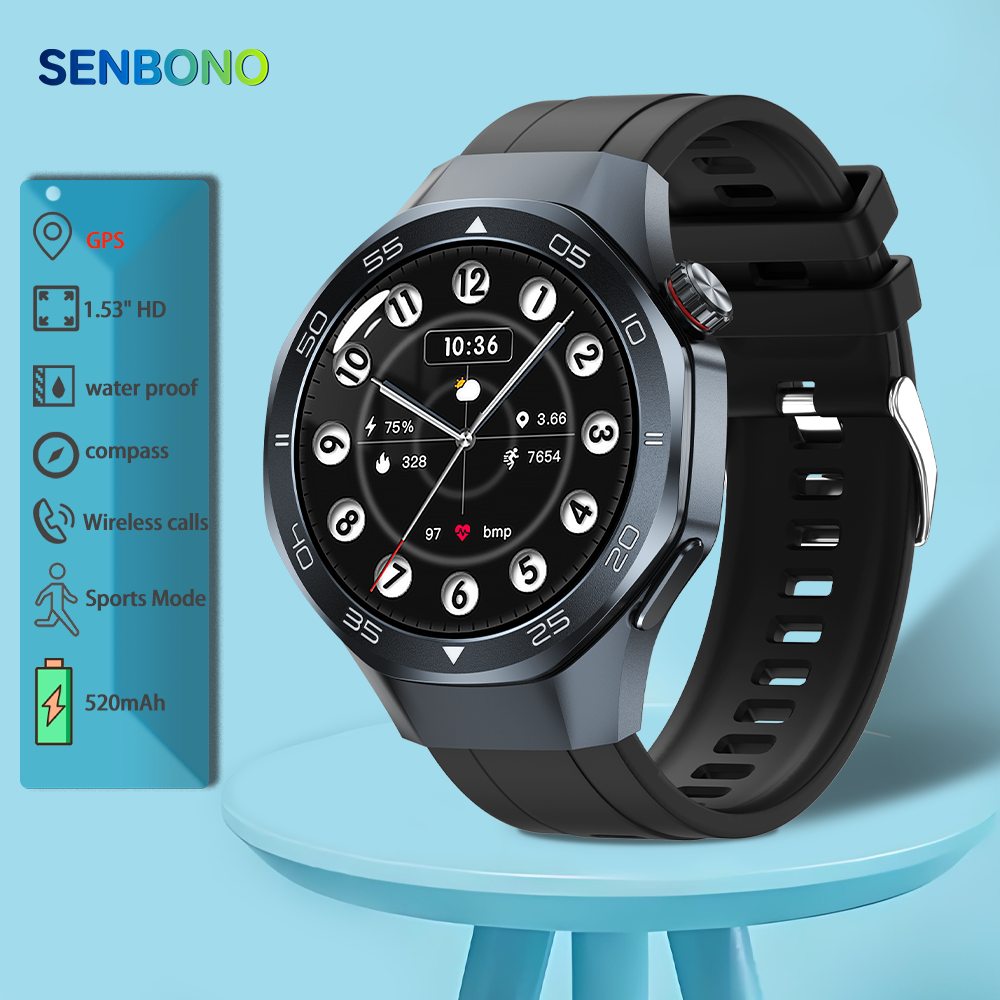 The SENBONO Android Smartwatch damen C10 features GPS, a compass, wireless calling, heart rate and blood oxygen monitoring, multiple sports function modes, and a 1.53-inch IPS HD screen suitable for outdoor use.