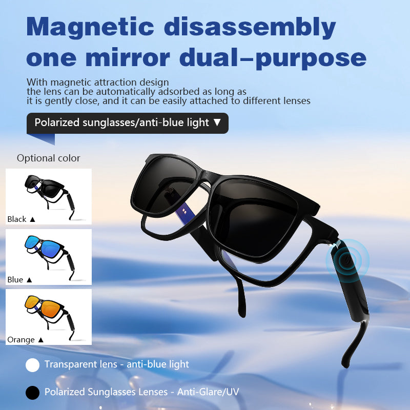 SENBONO GS05 smart glasses, detachable colored sunglasses, music control and remote photo taking function, voice assistant, best choice for fishing and mountaineering