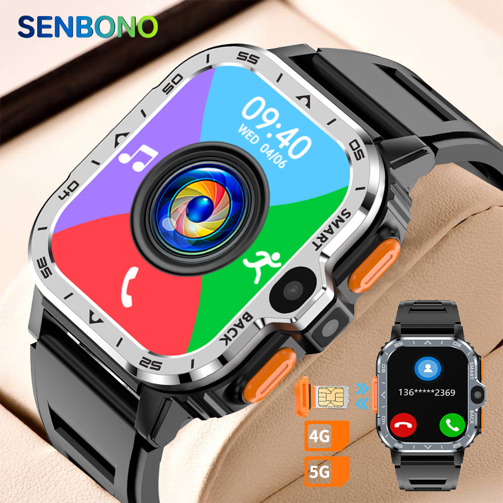 SENBONO Smart Dual-Camera Watch with Calling Functionality Supports 4G GPS navigation Video recording SMS heart rate Blood oxygen Blood pressure Monitoring multiple Sports modes and is a men's smart 4G watch
