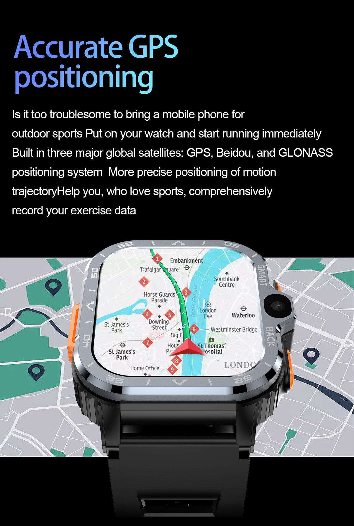 SENBONO smart dual camera call watch 4G, GPS navigation, recording, recording video, SMS, heart rate, blood oxygen and blood pressure monitoring