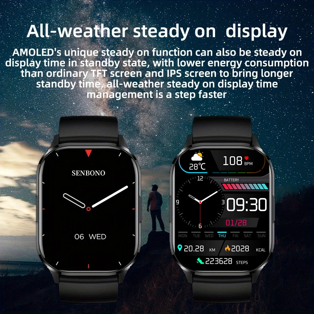 SENBONO AIR3 2025 AMOLED Men Smart Watch Bluetooth Call 24H Health Tracker Sport Waterproof Smartwatch Men Women for Android