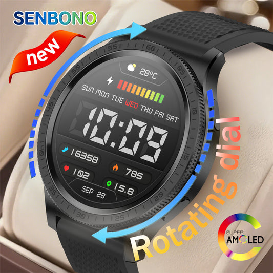 SENBONO D17 Smartwatch with rotating bezel, heart rate and sleep monitoring, wireless calling, IP68 waterproof, music control, men's smartwatch.