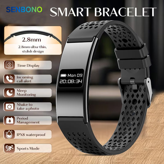 SENBONO B8 Smart bracelet features multiple health Monitoring functions, including heart rate and sleep tracking, multi-activity tracking, call and message reminders, IPX8 waterproofing, and is a stylish and convenient smart bracelet for women.