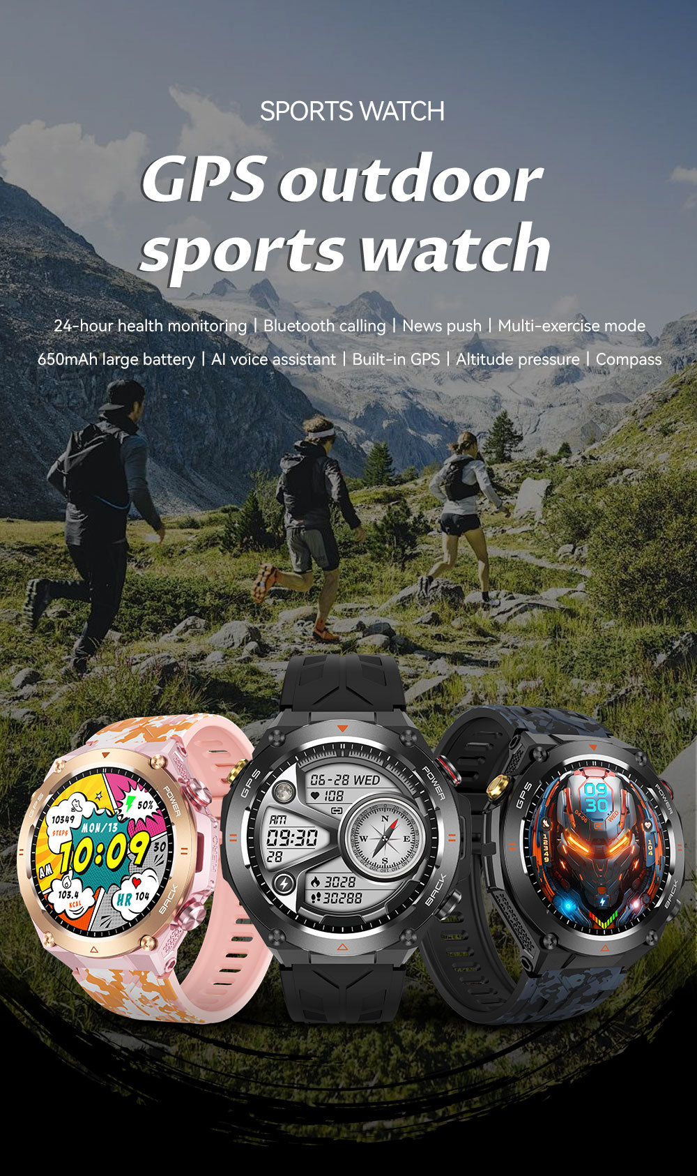 SENBONO The smart watch KC82 has built-in PGS positioning, sports tracking, altitude, compass function, AI voice assistant, and Bluetooth call function, and is suitable for fitness, mountaineering, daily life, etc.