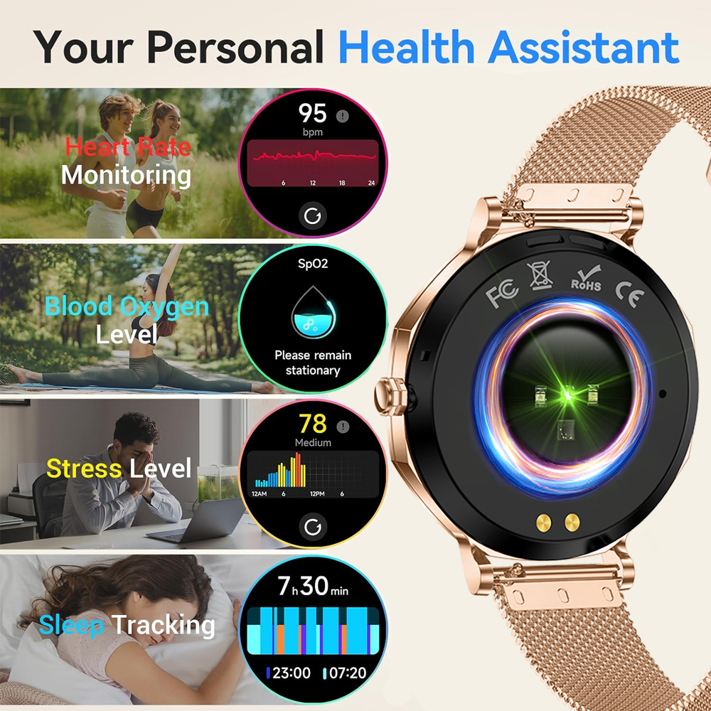 SENBONO KC98 smart women's watch with AI voice assistant, AI dial, GPT, Bluetooth call function, calculator function, games, sleep analysis, and 100+ sports modes.