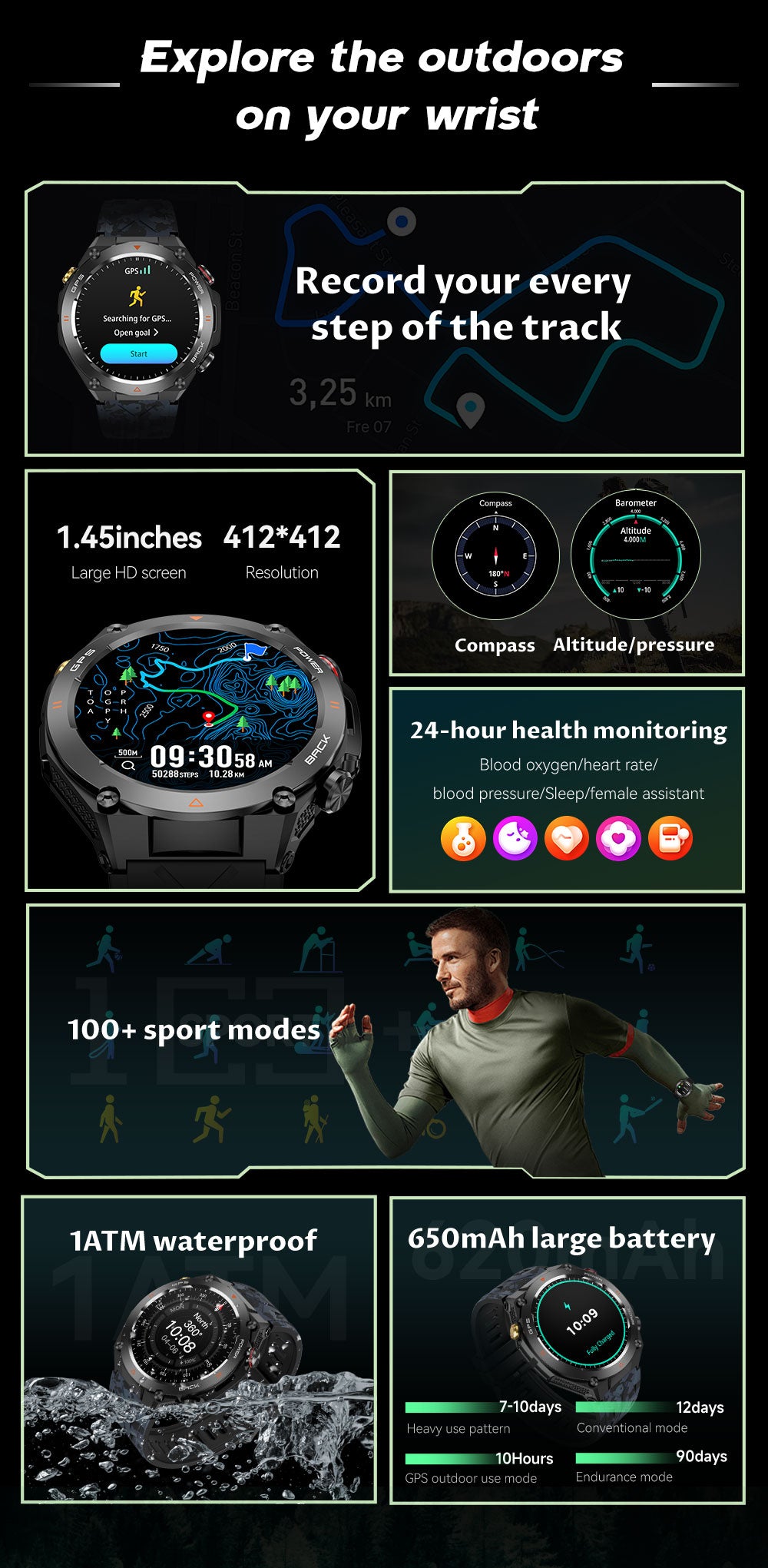 SENBONO The smart watch KC82 has built-in PGS positioning, sports tracking, altitude, compass function, AI voice assistant, and Bluetooth call function, and is suitable for fitness, mountaineering, daily life, etc.