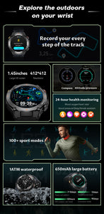 The smart watch KC82 has built-in PGS positioning, sports tracking, altitude, compass function, AI voice assistant, and Bluetooth call function, and is suitable for fitness, mountaineering, daily life, etc.