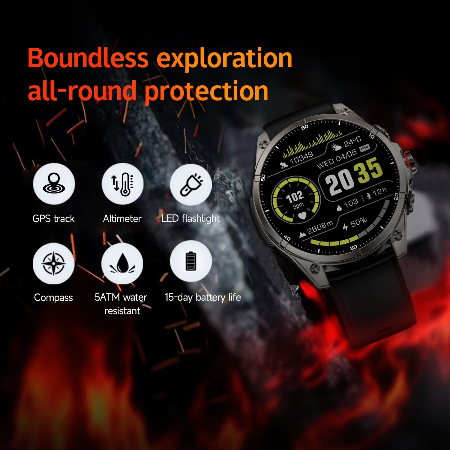 SENBONO FT66 Smartwatch: 1.43-inch AMOLED screen, GPS positioning, flashlight, 5ATM waterproof outdoor smartwatch.