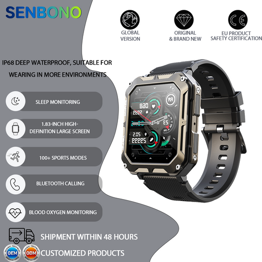 SENBONO Smartwatch C20pro supports wireless calls, music playback, calorie monitoring, fitness tracking, breathing training, and is compatible with iOS and Android