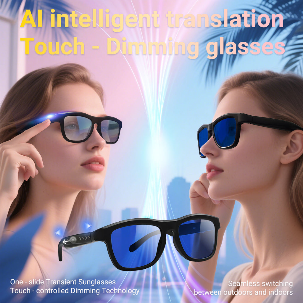 SENBONO smart translation glasses GV90 lenses slide to change color, UV400 anti-dizziness, unilateral magnetic charging, answering and making calls, playing music, and remote control photography.