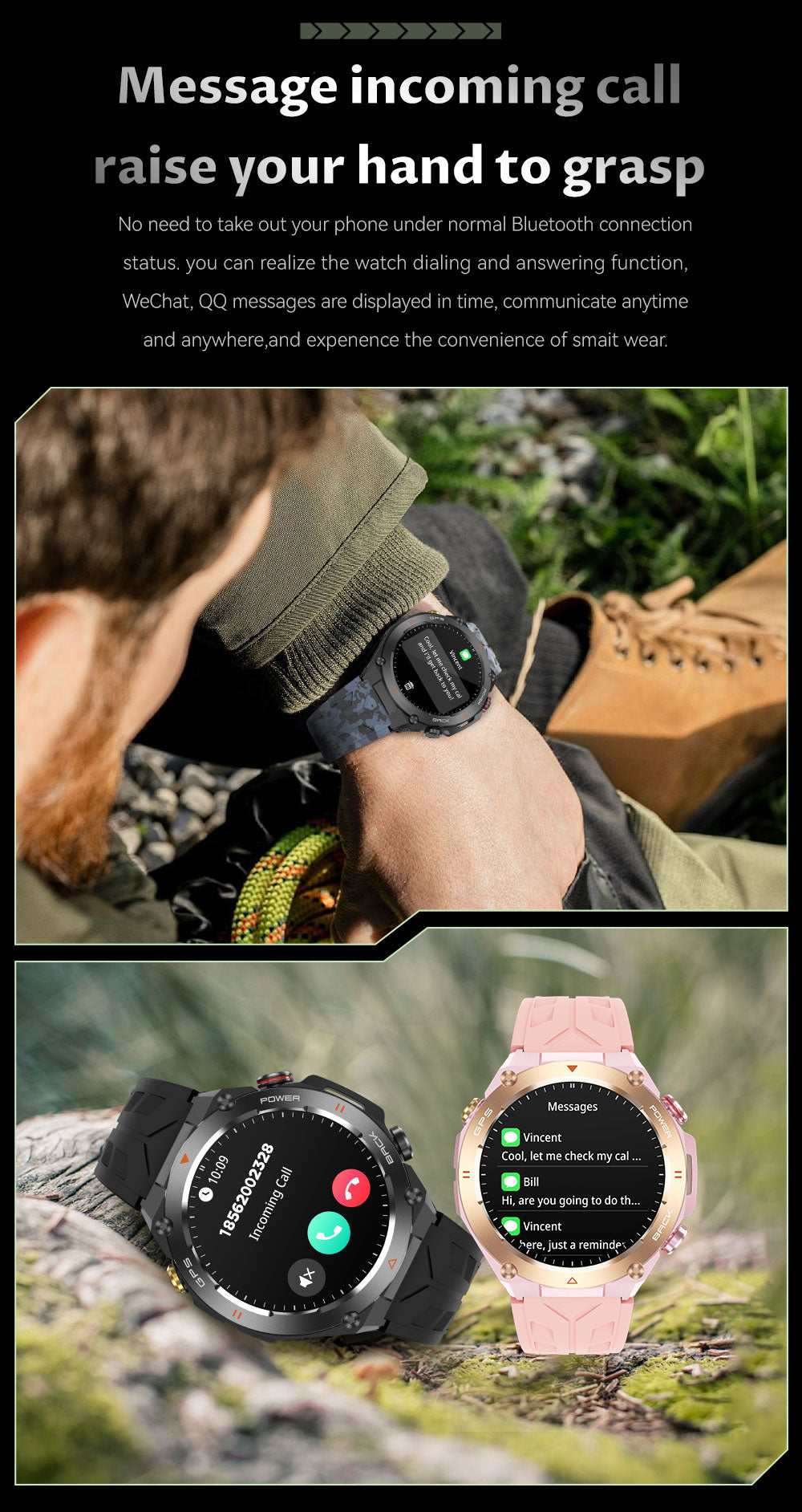 SENBONO The smart watch KC82 has built-in PGS positioning, sports tracking, altitude, compass function, AI voice assistant, and Bluetooth call function, and is suitable for fitness, mountaineering, daily life, etc.