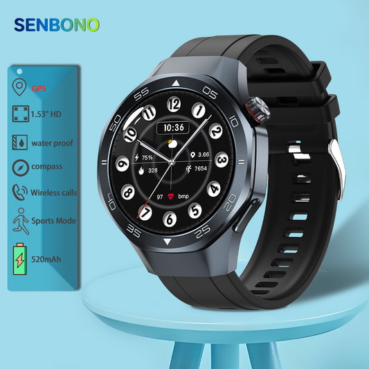 The SENBONO Android Smartwatch damen C10 features GPS, a compass, wireless calling, heart rate and blood oxygen monitoring, multiple sports function modes, and a 1.53-inch IPS HD screen suitable for outdoor use.