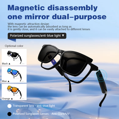 GS05 smart glasses, detachable colored sunglasses, music control and remote photo taking function, voice assistant, best choice for fishing and mountaineering