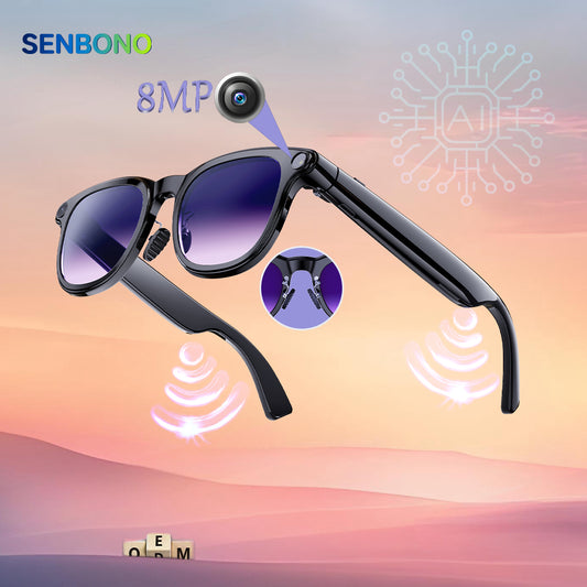 SENBONO Smart Translation Glasses A2 are equipped with an 8MP high-definition camera (GPT large model), an AI translation assistant, Bluetooth calling with dual microphones and noise reduction, and are compatible with Android and iOS systems.