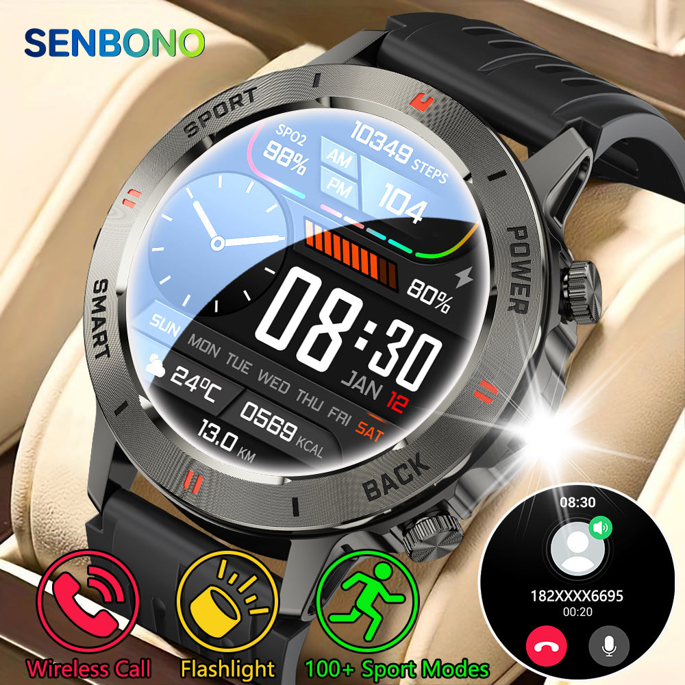 SENBONO men's sports smart watch S81PRO has functions such as wireless calling iPX8 waterproof alloy body and silicone strap, music control, multi-function reminder, etc.