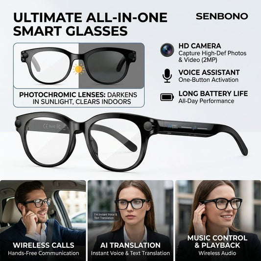 SENBONO M89 Smart Polarized Photochromic Glasses AI Real-time Translation HD Video Recording, Photography, Voice Assistant Type — Charging Unisex Color-Changing Smart Glasses