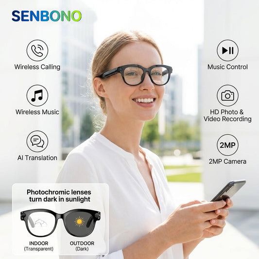 SENBONO M89 Smart Polarized Photochromic Glasses AI Real-time Translation HD Video Recording, Photography, Voice Assistant Type — Charging Unisex Color-Changing Smart Glasses