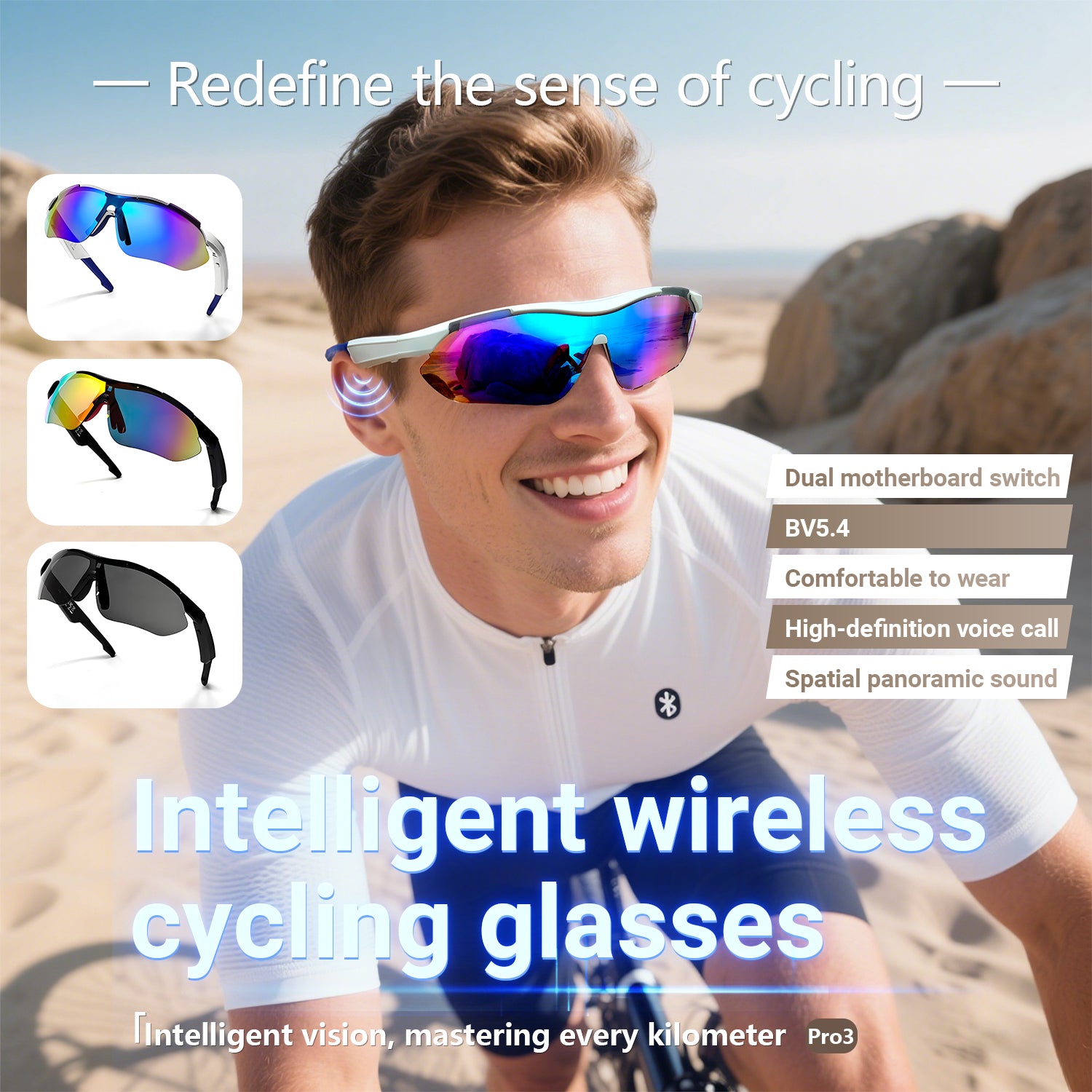SENBONO smart glasses QYPRO3 color lenses volume control strong UV protection answer phone calls Bluetooth 5.4 sports smartglasses