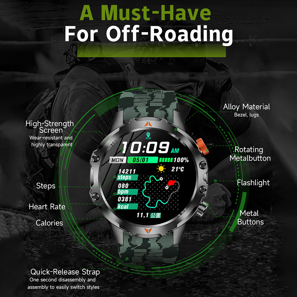 SENBONO V75 1.46-inch TFT Outdoor Smartwatch with Android, Altitude, Air Pressure, and Blood Oxygen Monitoring, GPS, Compass, Bluetooth, Fitness Tracker, and Sports Smartwatch