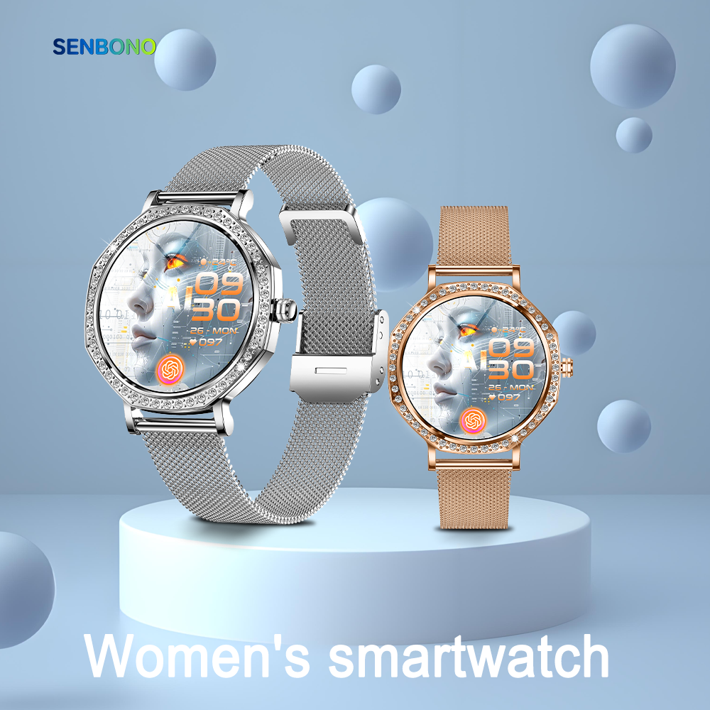 SENBONO KC98 smart women's watch with AI voice assistant, AI dial, GPT, Bluetooth call function, calculator function, games, sleep analysis, and 100+ sports modes.