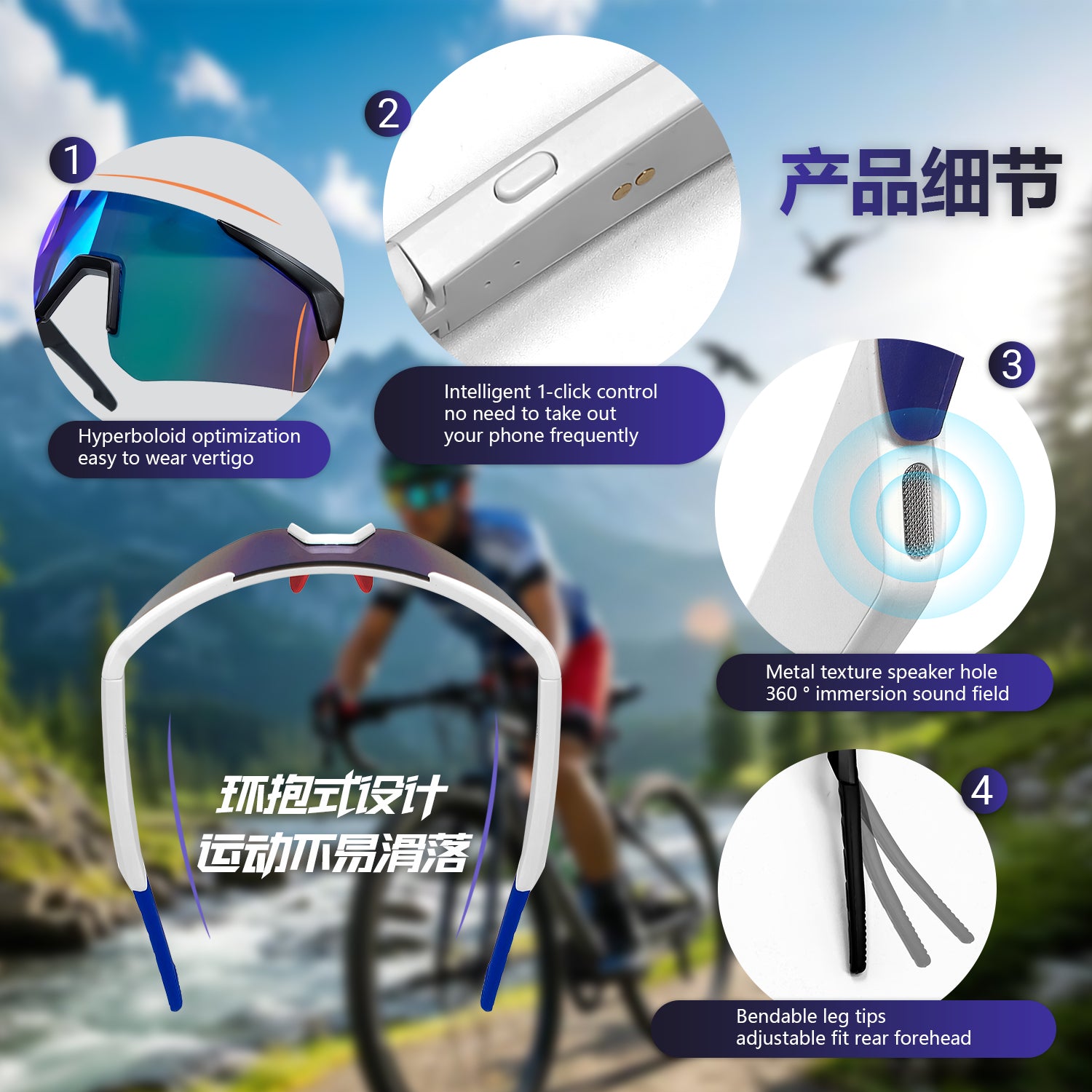 SENBONO QY-PRO2 smart glasses are the first choice. The large frame and colored polarized lenses can effectively block the glare of the sun and easily cope with scenes such as cycling and mountaineering.