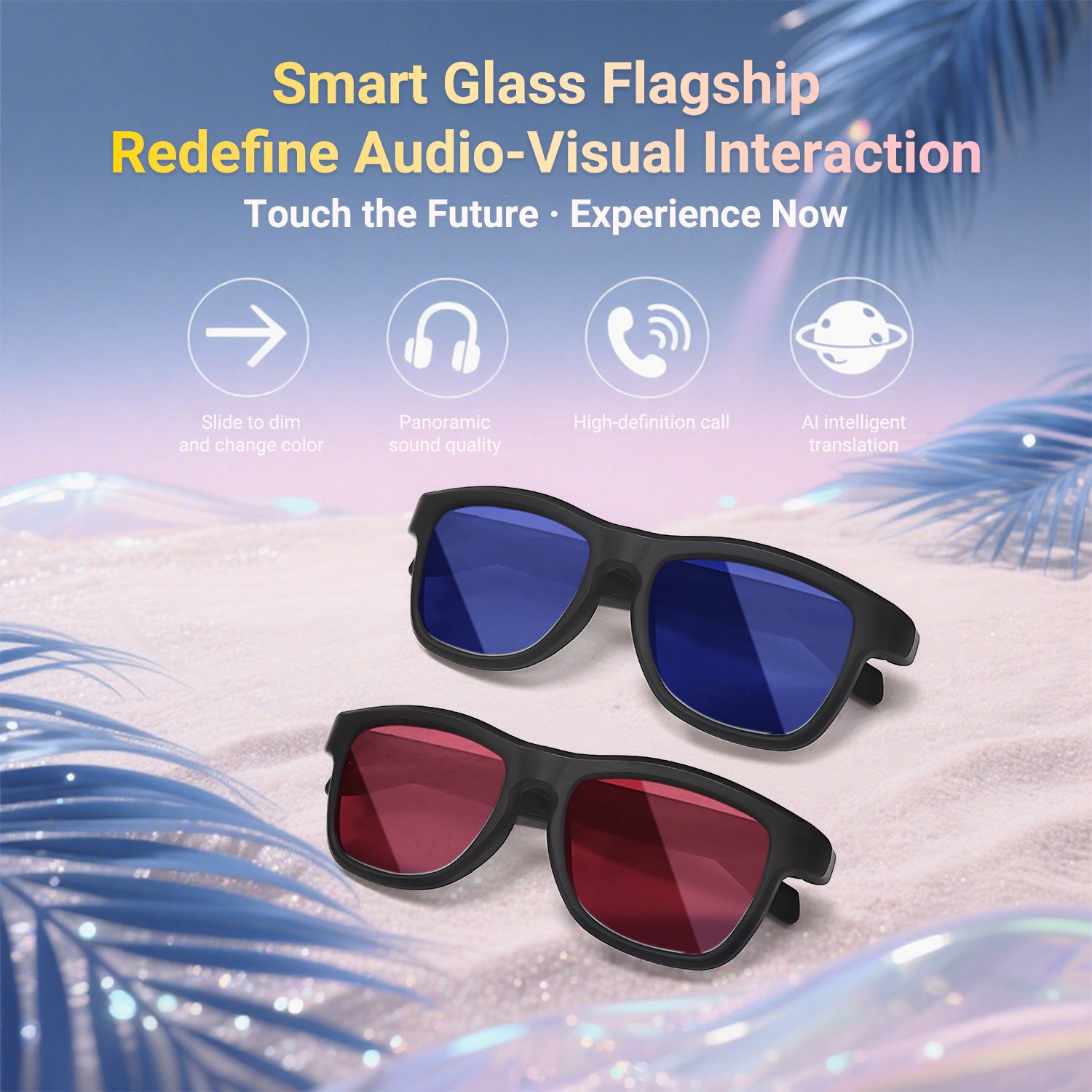 SENBONO smart translation glasses GV90 lenses slide to change color, UV400 anti-dizziness, unilateral magnetic charging, answering and making calls, playing music, and remote control photography.