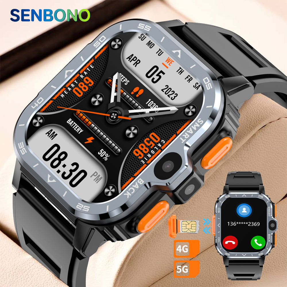 SENBONO Smart Dual-Camera Watch with Calling Functionality Supports 4G GPS navigation Video recording SMS heart rate Blood oxygen Blood pressure Monitoring multiple Sports modes and is a men's smart 4G watch