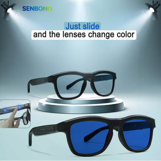 SENBONO smart translation glasses GV09 lenses slide to change color, UV400 anti-dizziness, unilateral magnetic charging, answering and making calls, playing music, and remote control photography.