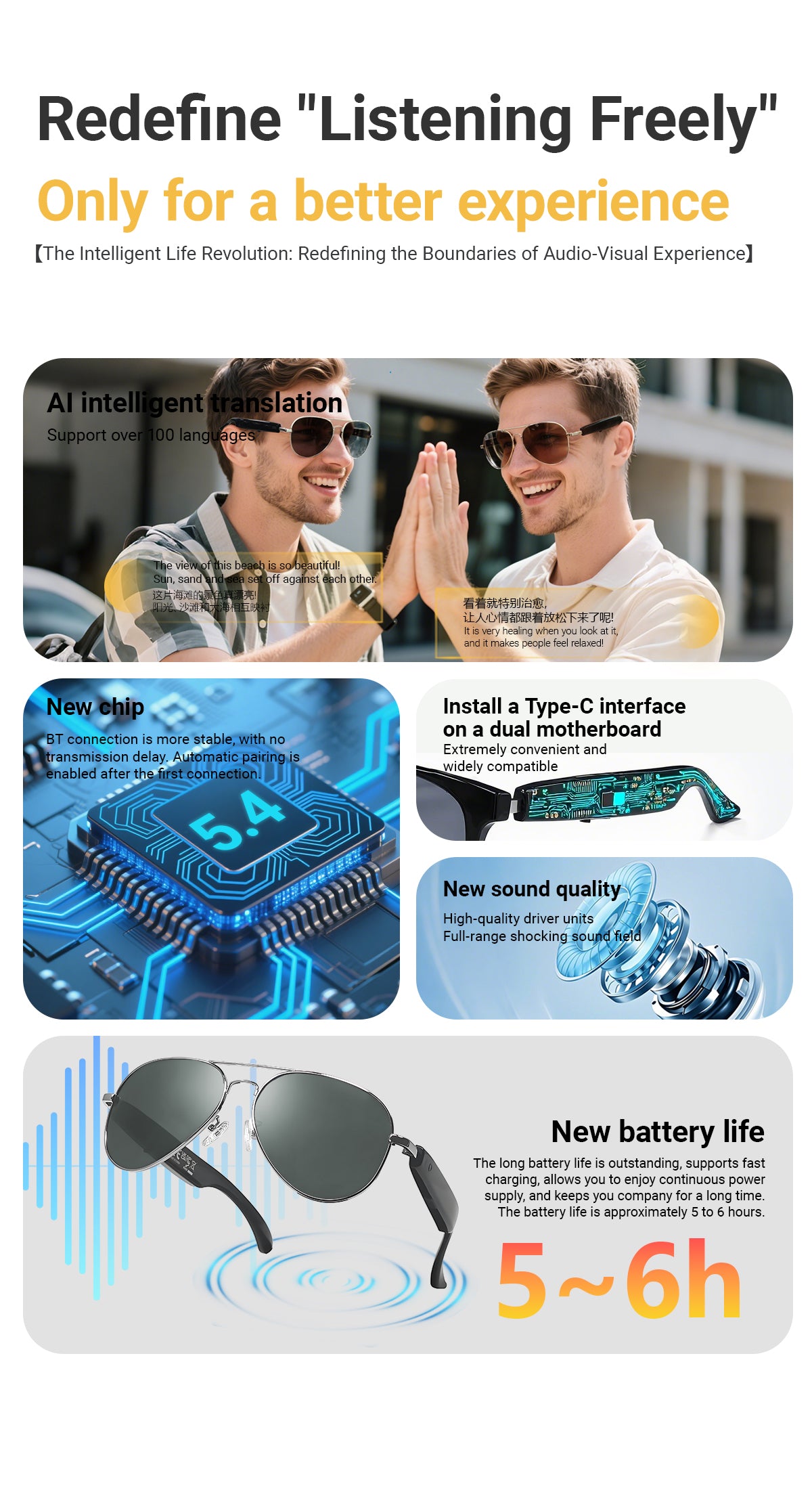 SENBONO Smart AI Translation Glasses F18 Bluetooth Call Voice Assistant Music Playback Headphones Noise Reduction Remote Control Photography Pilot Smart Glasses