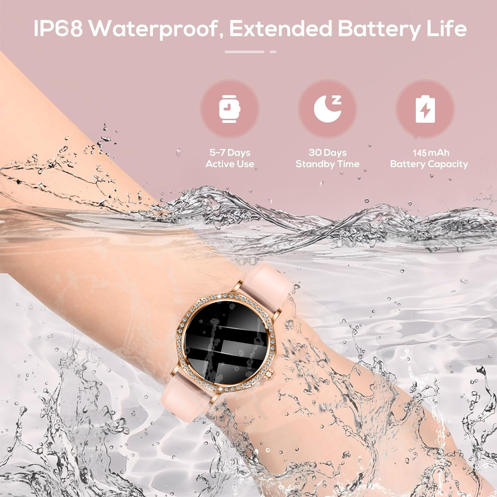 SENBONO KC98 smart women's watch with AI voice assistant, AI dial, GPT, Bluetooth call function, calculator function, games, sleep analysis, and 100+ sports modes.