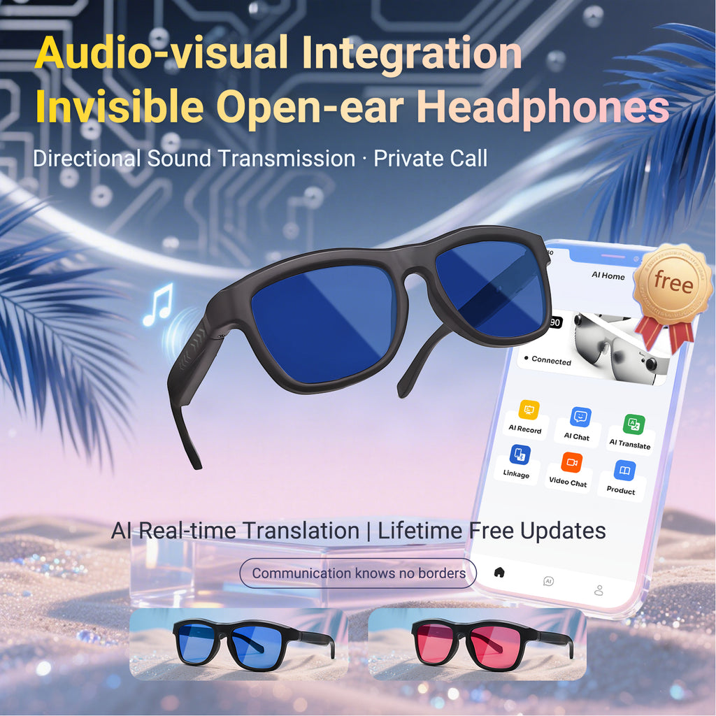 SENBONO smart translation glasses GV90 lenses slide to change color, UV400 anti-dizziness, unilateral magnetic charging, answering and making calls, playing music, and remote control photography.