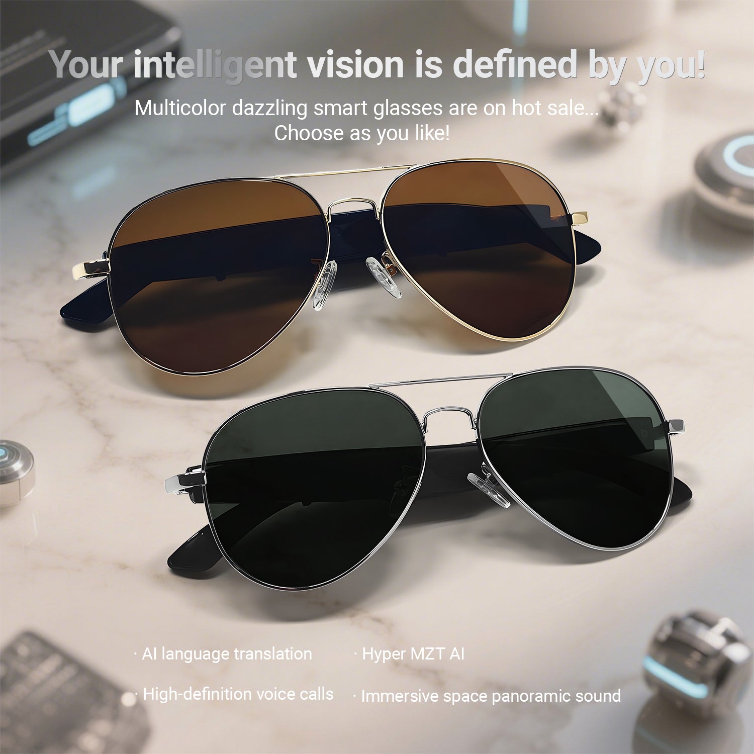 SENBONO Smart AI Translation Glasses F18 Bluetooth Call Voice Assistant Music Playback Headphones Noise Reduction Remote Control Photography Pilot Smart Glasses