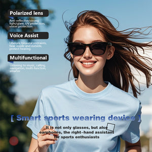 GS05 smart glasses, detachable colored sunglasses, music control and remote photo taking function, voice assistant, best choice for fishing and mountaineering