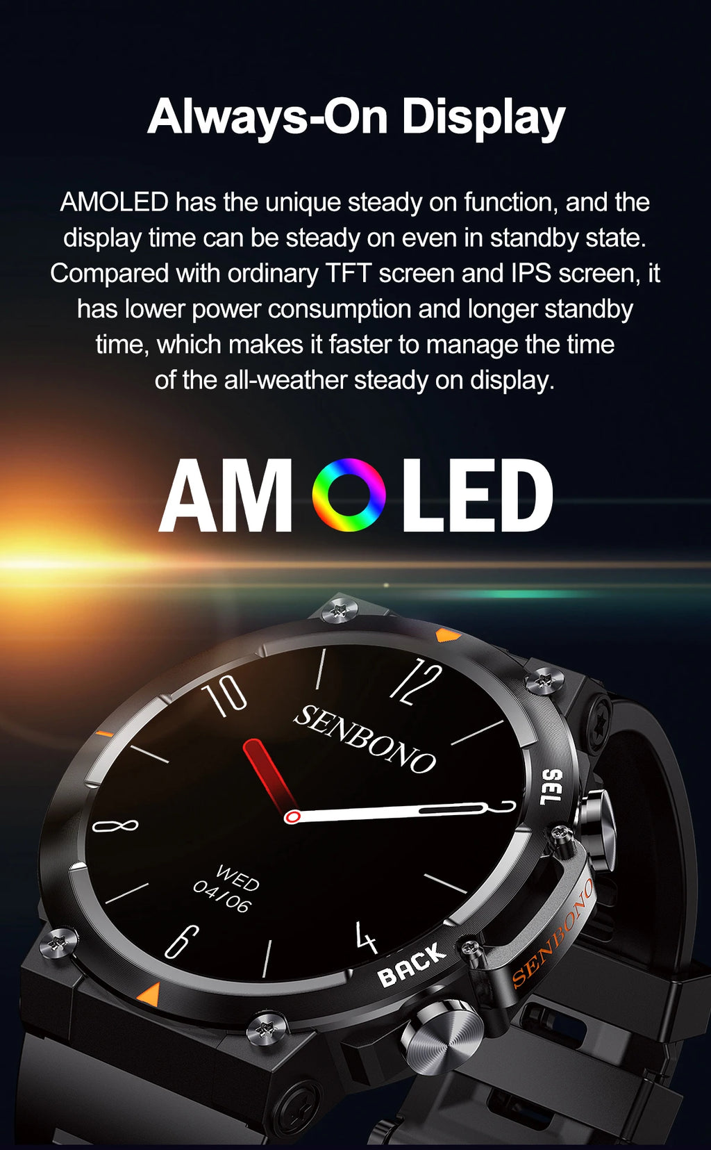 SENBONO MAX18 AMOLED Men's Smart Watch Bluetooth Call 410mAh Big Battery Fitness Tracker Sport Smartwatch for Men Android IOS