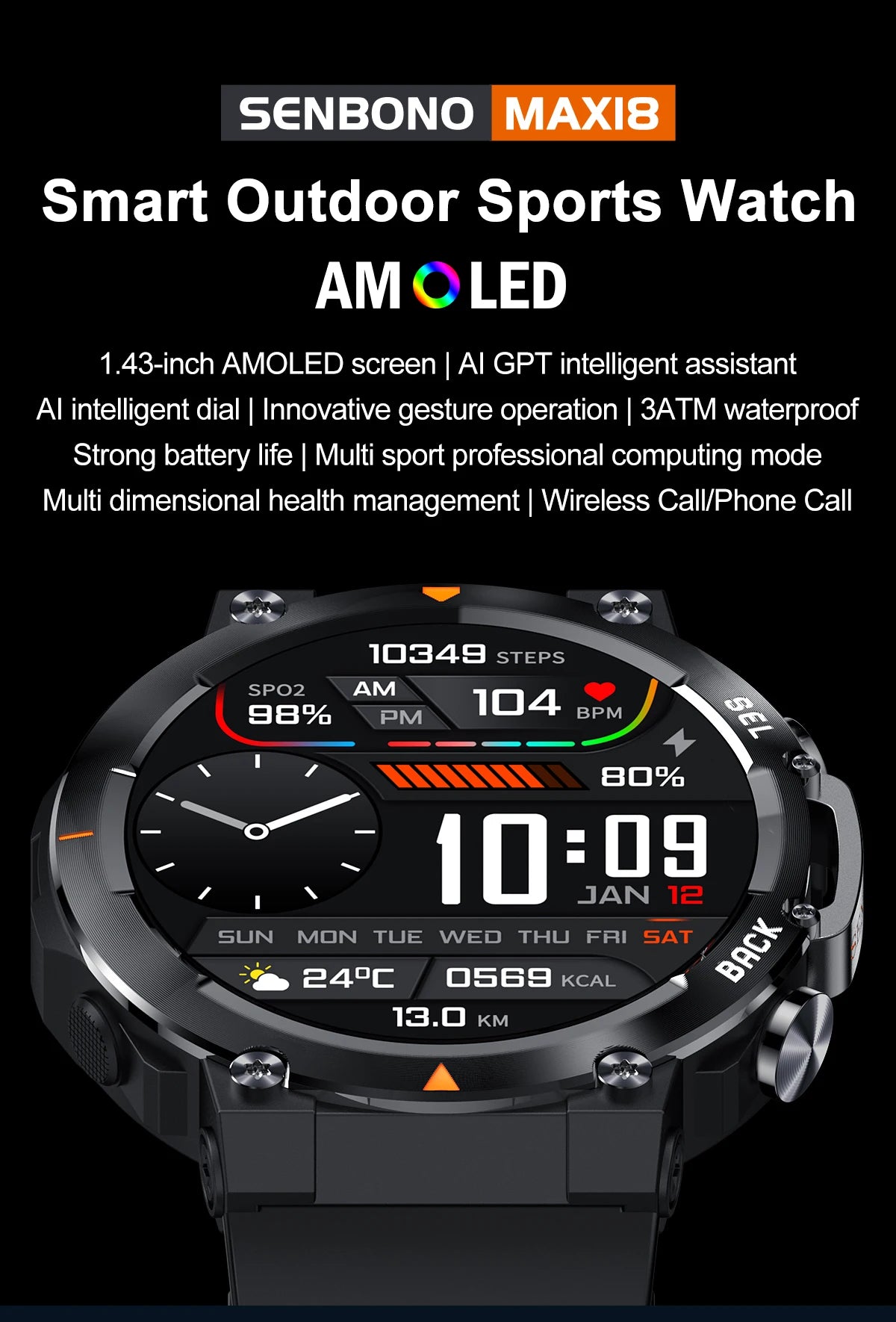 SENBONO MAX18 AMOLED Men's Smart Watch Bluetooth Call 410mAh Big Battery Fitness Tracker Sport Smartwatch for Men Android IOS