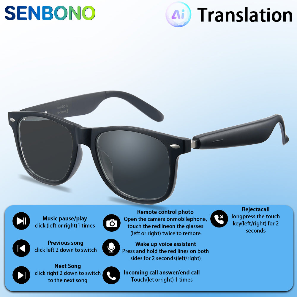 SENBONO AI Smart Translation Glasses A01 Wireless Bluetooth Glasses with TWS Audio Hands-free Call Music Cycling Sports Outdoor Smart Glasses with AI