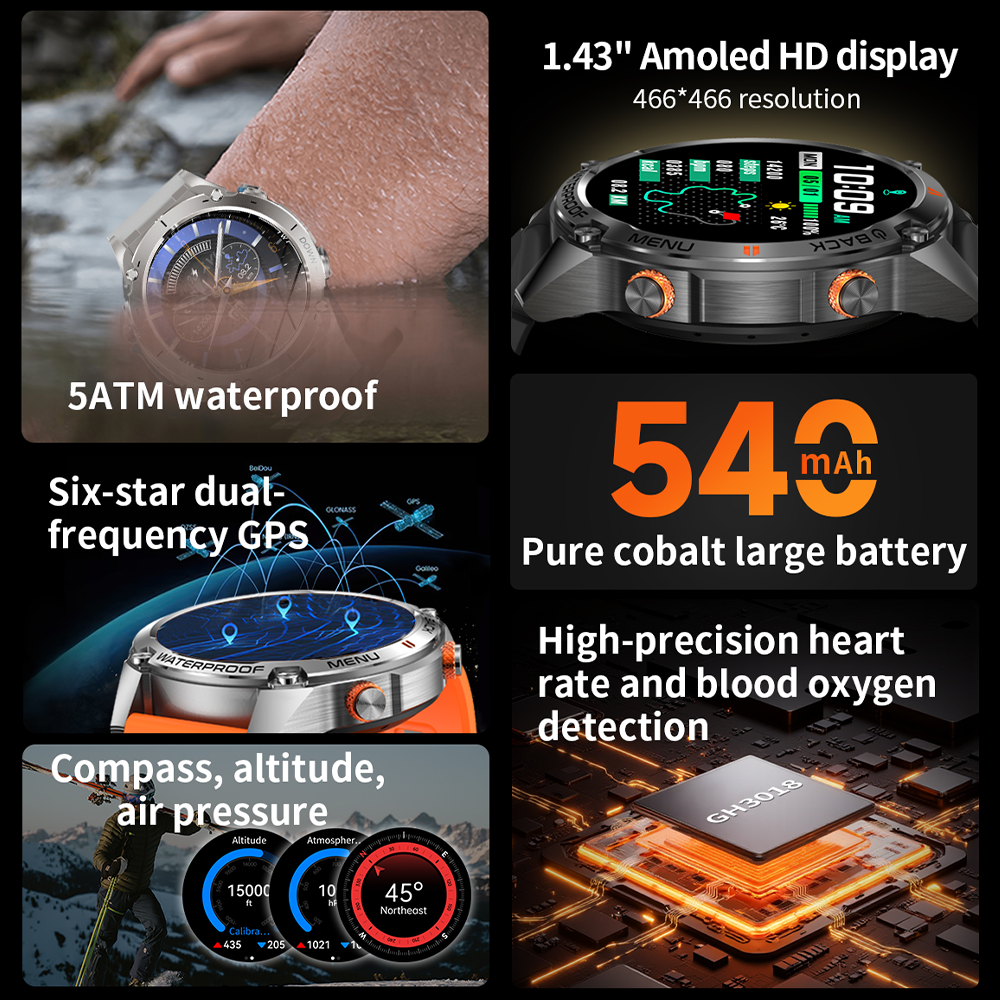 SENBONO Smart Outdoor Watch G100 Sports Watch 1.43 Inch GPS, Bluetooth Calling, Voice Assistant, Remote Camera, Fitness Tracker Smart Sports Glasses