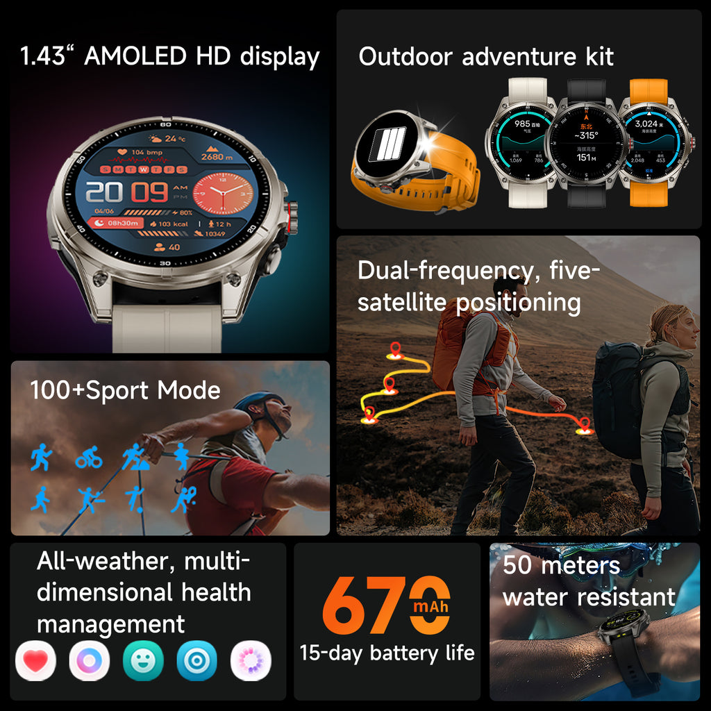 SENBONO FT66 Smartwatch: 1.43-inch AMOLED screen, GPS positioning, flashlight, 5ATM waterproof outdoor smartwatch.