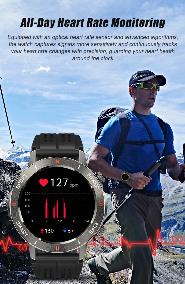 SENBONO men's sports smart watch S81PRO has functions such as wireless calling iPX8 waterproof alloy body and silicone strap, music control, multi-function reminder, etc.