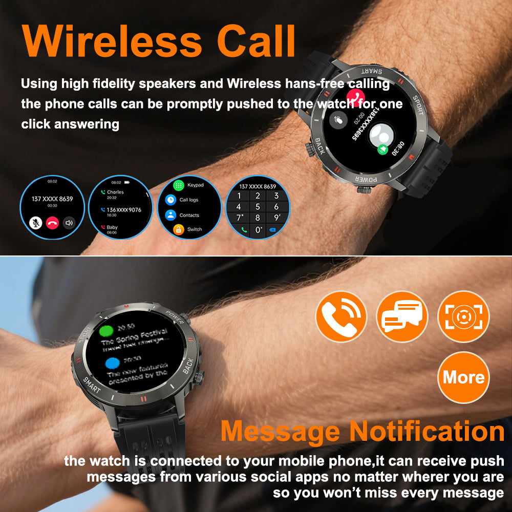 SENBONO men's sports smart watch S81PRO has functions such as wireless calling iPX8 waterproof alloy body and silicone strap, music control, multi-function reminder, etc.