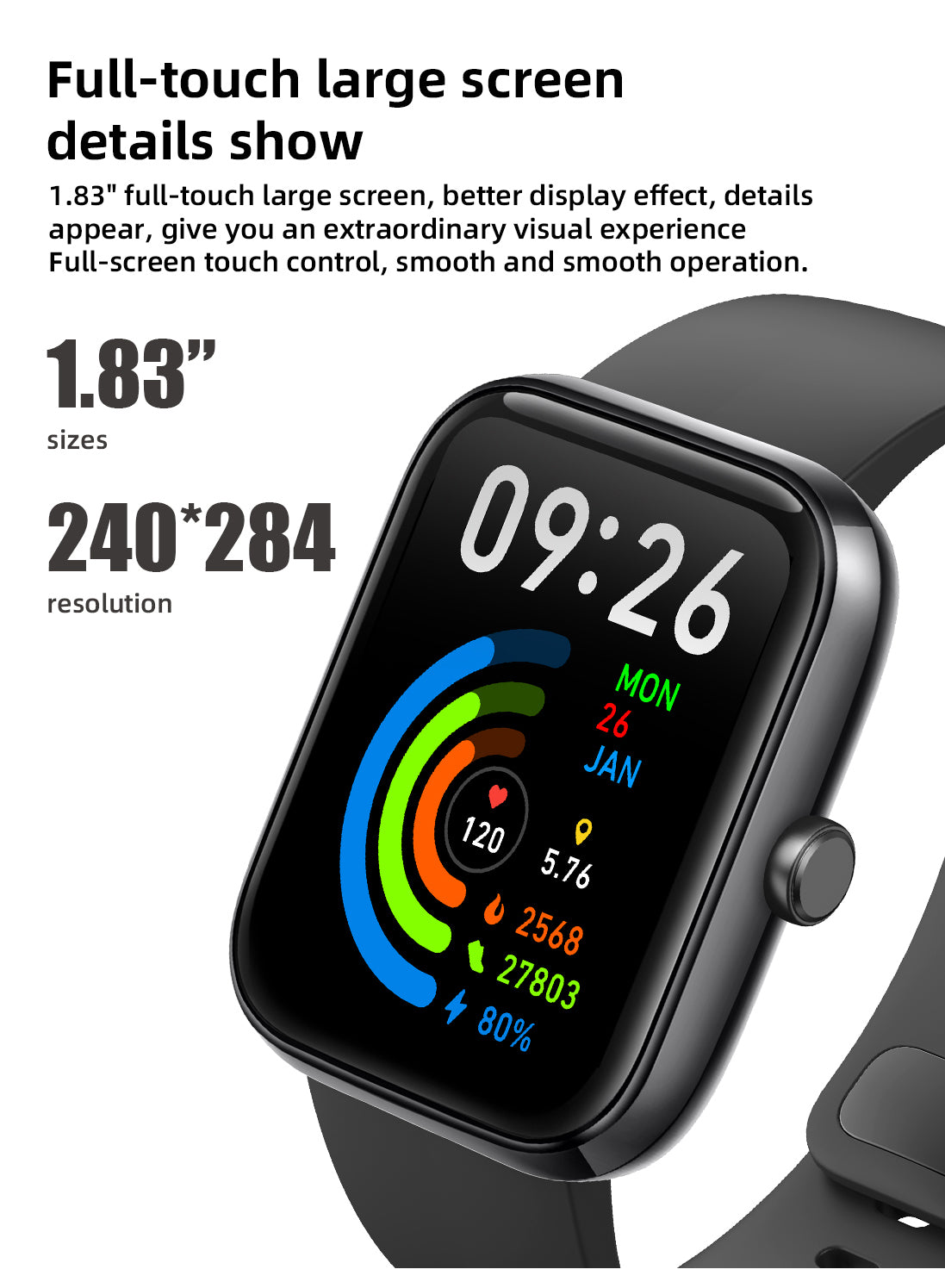 SENBONO Smartwatch IDW25 full screen touch IP68 waterproof, 1.83-inch custom dial, female health tracking, monitoring heart rate, blood oxygen and other health data