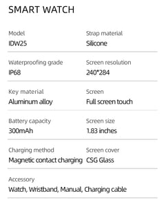 Smartwatch IDW25 full screen touch IP68 waterproof, 1.83-inch custom dial, female health tracking, monitoring heart rate, blood oxygen and other health data