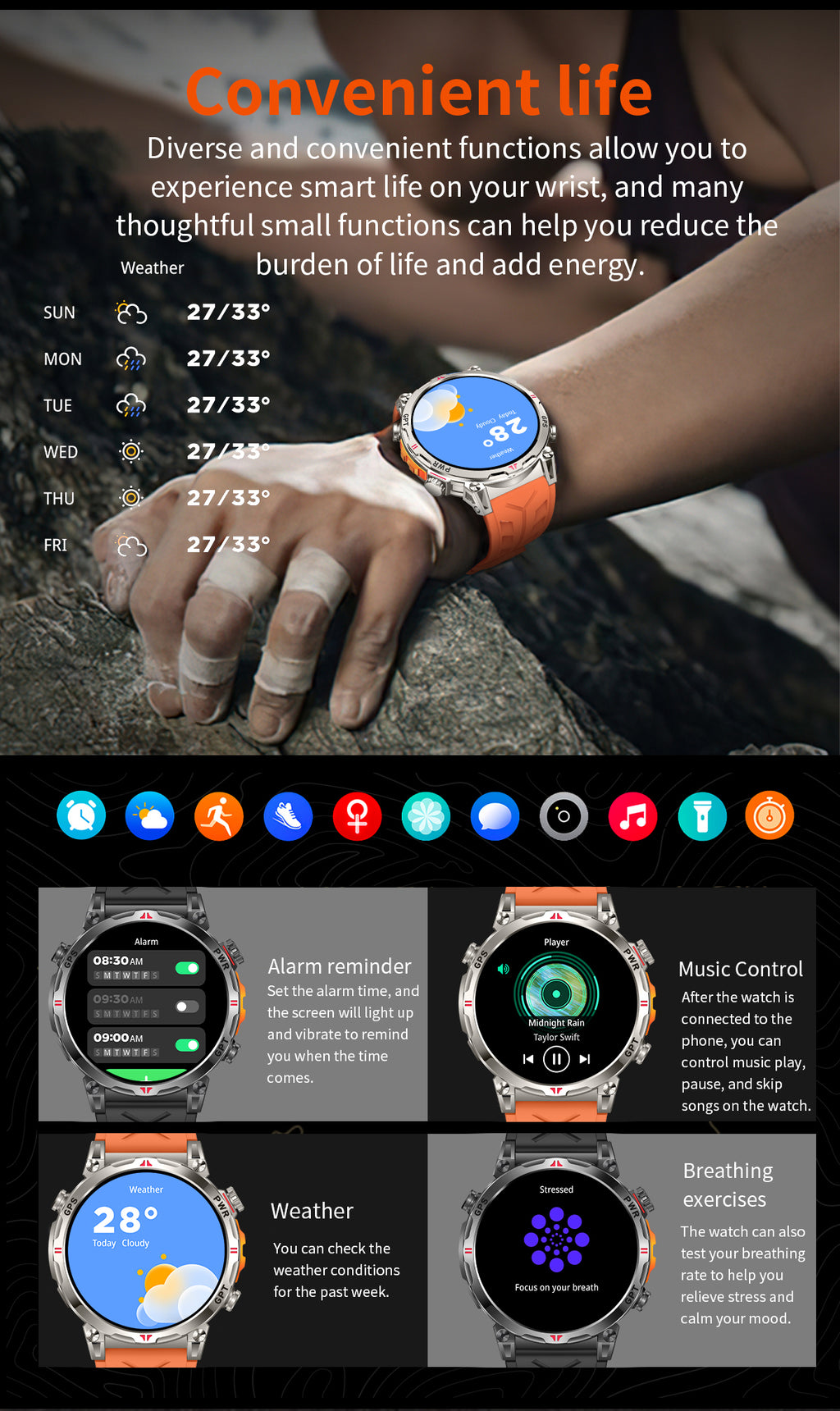 SENBONO Smart Outdoor Watch KC93 GPS Positioning, Bluetooth Calling, Heart Rate and Blood Oxygen Health Analysis Fitness Tracker Cycling Sports Smart Watch is compatible with iOS and Android.
