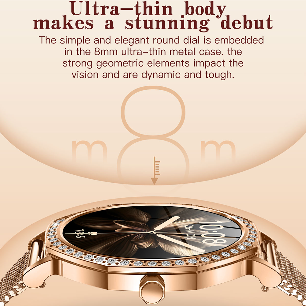 SENBONO KC98 smart women's watch with AI voice assistant, AI dial, GPT, Bluetooth call function, calculator function, games, sleep analysis, and 100+ sports modes.