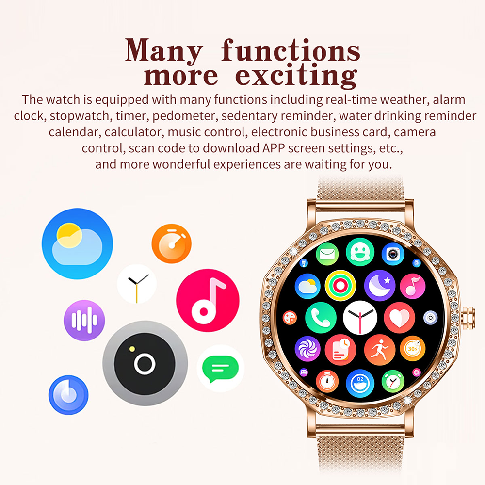 SENBONO KC98 smart women's watch with AI voice assistant, AI dial, GPT, Bluetooth call function, calculator function, games, sleep analysis, and 100+ sports modes.