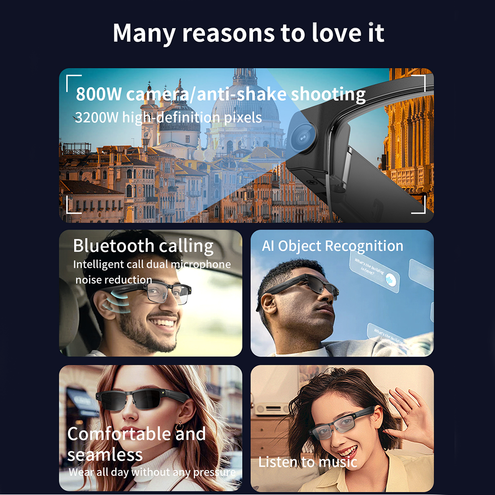 SENBONO L802 Smart AI Translation Glasses with 8MP Video Recording, Dual Microphones, Noise Cancellation, Bluetooth Call Recognition, WiFi Real-Time Transmission, Voice Assistant Sports Smart Outdoor Glasses