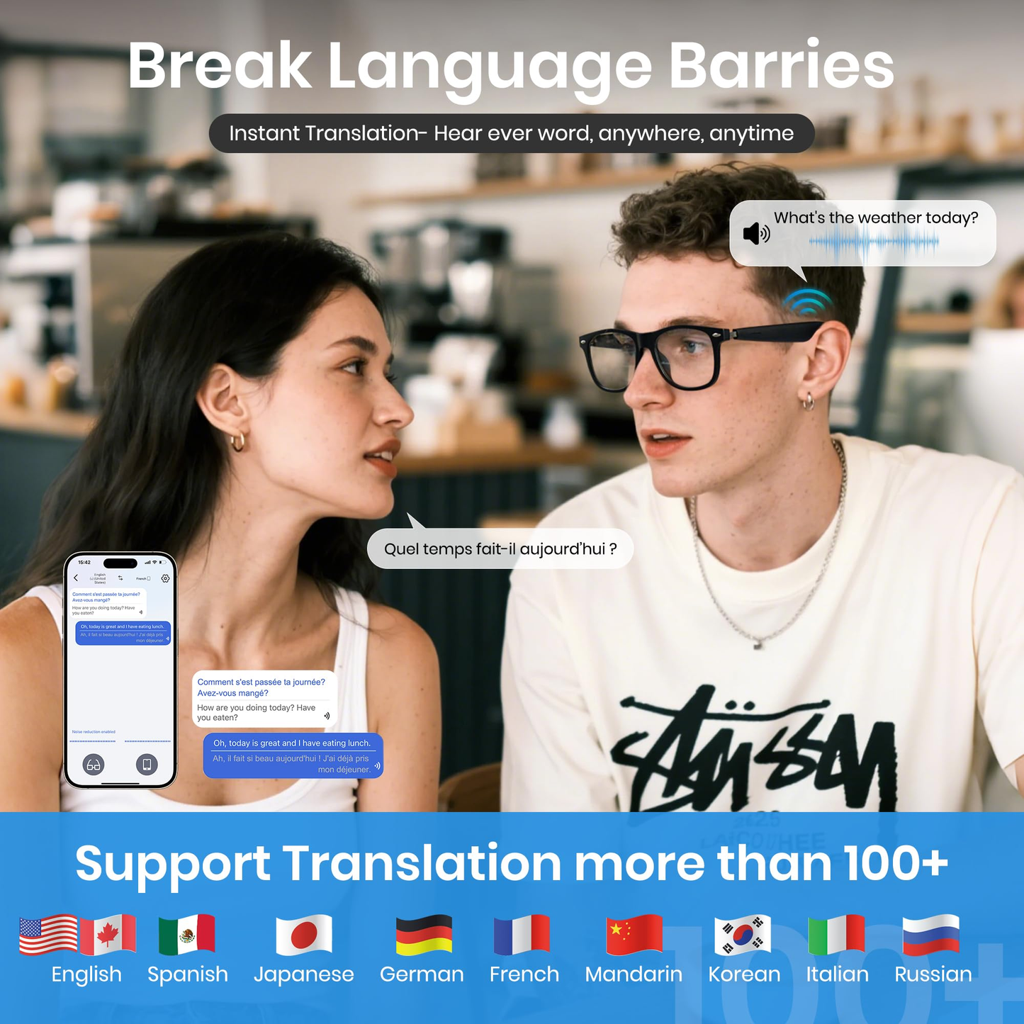 SENBONO AI Smart Translation Glasses A01 Wireless Bluetooth Glasses with TWS Audio Hands-free Call Music Cycling Sports Outdoor Smart Glasses with AI